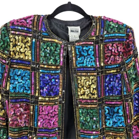 Vtg 80's Leslie Fay Formal Silk Rainbow Geometric Stained Glass Sequin Blazer Sz - Picture 5 of 10